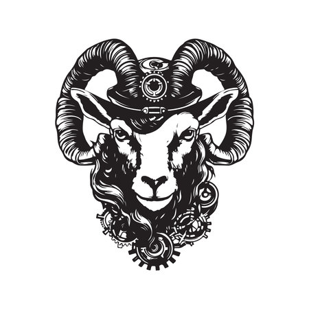 goat head steampunk, logo concept black and white color, hand drawn illustrationのイラスト素材