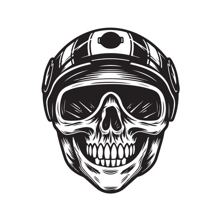 skull biker with retro helmet, logo concept black and white color, hand drawn illustrationのイラスト素材