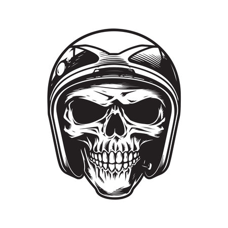skull biker wearing helmet, logo concept black and white color, hand drawn illustrationのイラスト素材