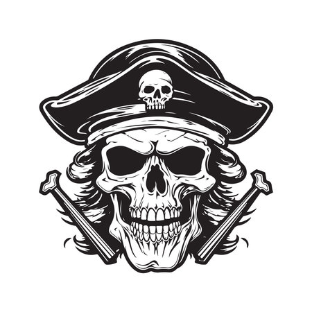 skull pirate, logo concept black and white color, hand drawn illustrationのイラスト素材