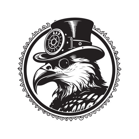 eagle wearing steampunk hat, logo concept black and white color, hand drawn illustrationのイラスト素材