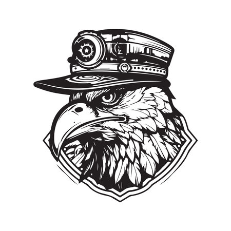 eagle wearing steampunk hat, logo concept black and white color, hand drawn illustrationのイラスト素材