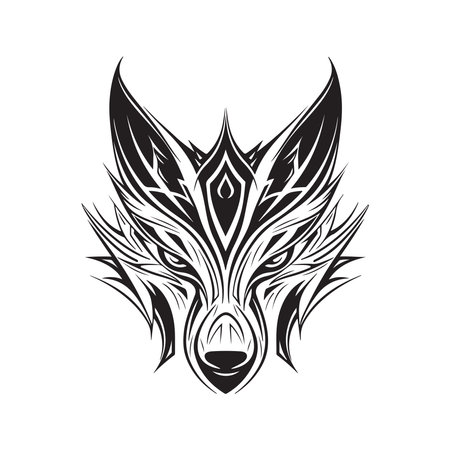 fox tribal, logo concept black and white color, hand drawn illustrationのイラスト素材