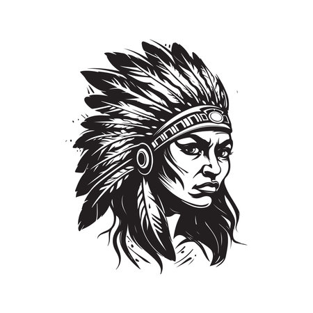 indian warrior girl, logo concept black and white color, hand drawn illustrationのイラスト素材