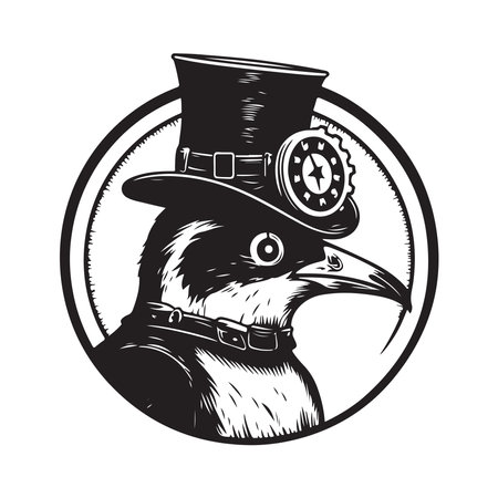penguin steampunk, logo concept black and white color, hand drawn illustrationのイラスト素材