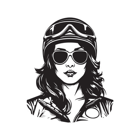 badass biker girl, logo concept black and white color, hand drawn illustrationのイラスト素材