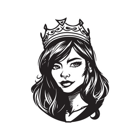 beautiful girl wearing crown, logo concept black and white color, hand drawn illustrationのイラスト素材