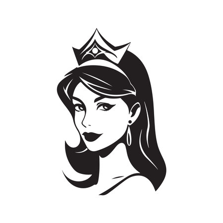beautiful girl wearing crown, logo concept black and white color, hand drawn illustrationのイラスト素材