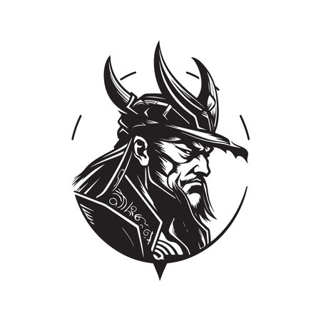 japanese samurai warrior, logo concept black and white color, hand drawn illustrationのイラスト素材