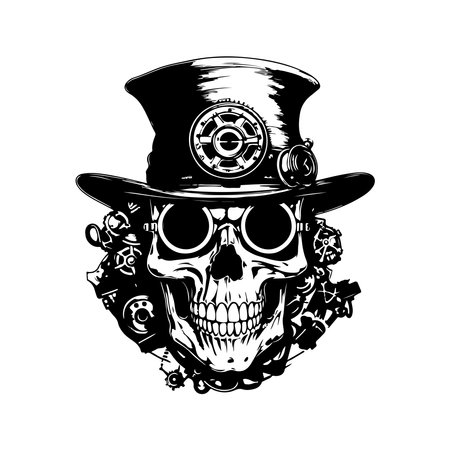 steampunk skull, logo concept black and white color, hand drawn illustrationのイラスト素材