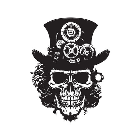 steampunk skull, logo concept black and white color, hand drawn illustrationのイラスト素材