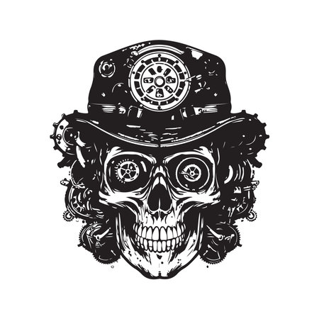 steampunk skull, logo concept black and white color, hand drawn illustrationのイラスト素材