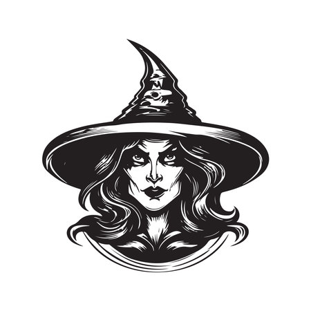 spooky witch, logo concept black and white color, hand drawn illustrationのイラスト素材
