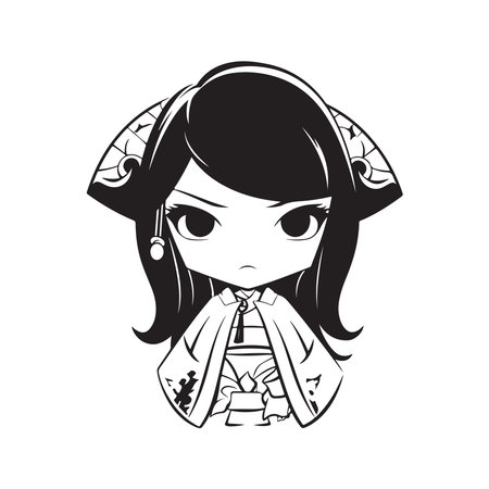 japanese samurai girl, logo concept black and white color, hand drawn illustrationのイラスト素材