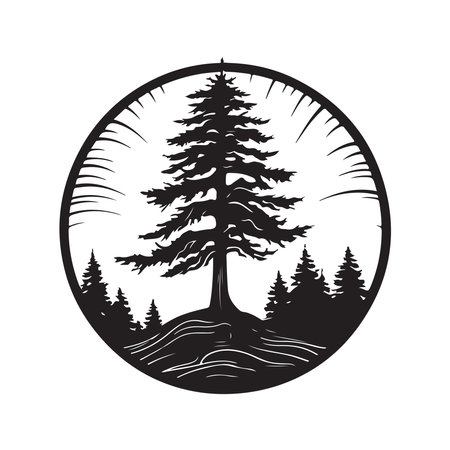 pine tree, vintage logo concept black and white color, hand drawn illustrationのイラスト素材