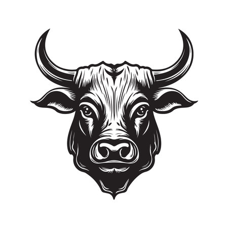 long horn bull, vintage logo concept black and white color, hand drawn illustrationのイラスト素材