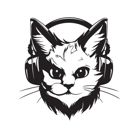 cat in headphones mascot logo ,hand drawn illustration.のイラスト素材