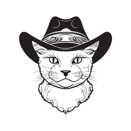 cat in cowboy hat mascot logo ,hand drawn illustrationのイラスト素材