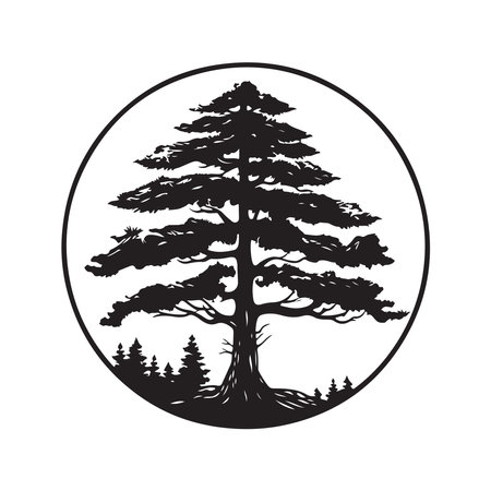 pine tree, vintage logo concept black and white color, hand drawn illustrationのイラスト素材