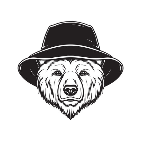 bear wearing bucket hat, vintage logo concept black and white color, hand drawn illustrationのイラスト素材