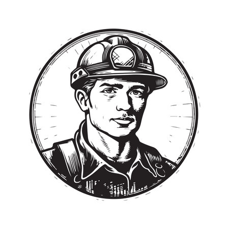 worker man in hard hat, vintage logo concept black and white color, hand drawn illustrationのイラスト素材