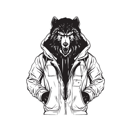 werewolf with jacket and hood, vector concept digital art ,hand drawn illustrationのイラスト素材