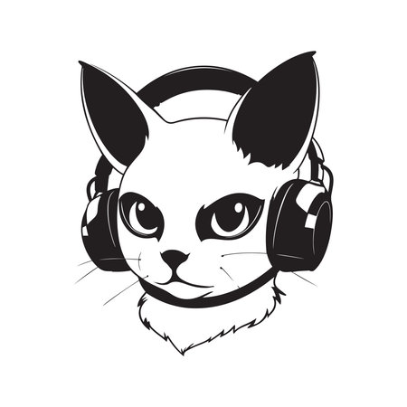 cat in headphones mascot logo ,hand drawn illustration.のイラスト素材