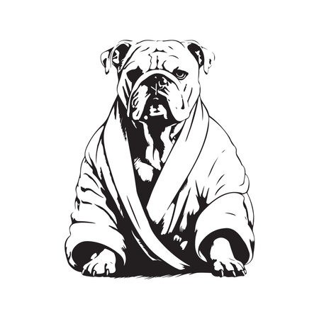 bulldog wearing bathrobe, vintage logo concept black and white color, hand drawn illustrationのイラスト素材