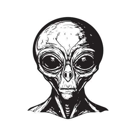 portrait of alien, vintage logo concept black and white color, hand drawn illustration