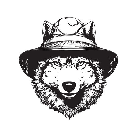 wolf wearing bucket hat, vintage logo concept black and white color, hand drawn illustrationのイラスト素材