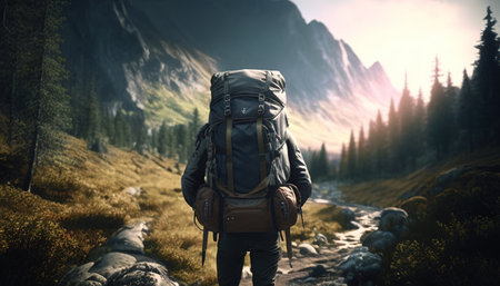 a backpacker in the trail, digital art illustration, Generative AIの素材