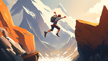 boy jumping over the mountain, digital art illustration, Generative AIの素材