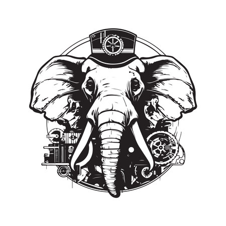 elephant zeppline, vintage logo concept black and white color, hand drawn illustrationのイラスト素材