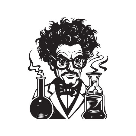 mad scientist, vintage logo concept black and white color, hand drawn illustrationのイラスト素材