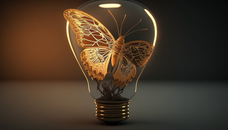 lightbulb with butterfly inside, digital art illustration, Generative AIの素材
