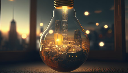 lightbulb with an upside down city, digital art illustration, Generative AIの素材