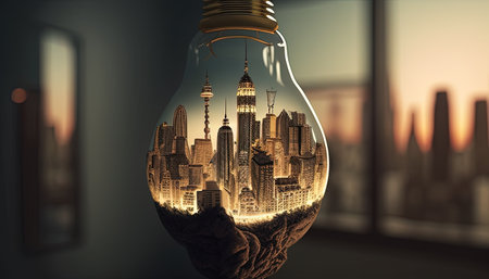 lightbulb with an upside down city, digital art illustration, Generative AIの素材