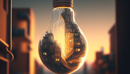lightbulb with an upside down city, digital art illustration, Generative AIの素材