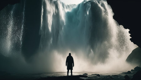 person stand behind waterfall, digital art illustration, Generative AIの素材