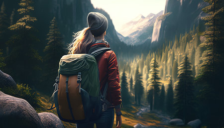 young woman hiking and going camping, digital art illustration, Generative AIの素材