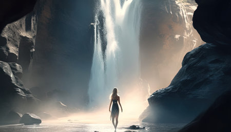 dancing in a waterfall, digital art illustration, Generative AIの素材