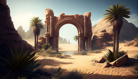 desert portal oasis, digital art illustration, Generative AIの素材
