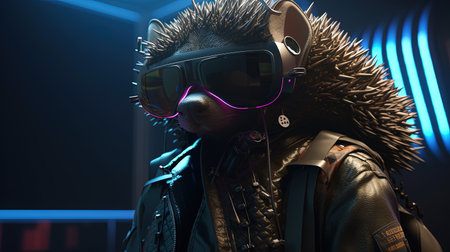 hedgehog cyberpunk, digital art illustration, Generative AIの素材