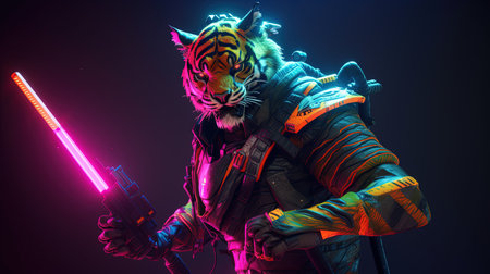 tiger neonpunk, digital art illustration, Generative AIの素材