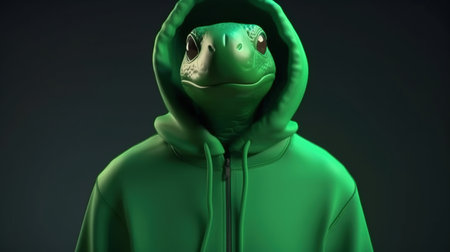 turtle wearing green hoodie, digital art illustration, Generative AIの素材