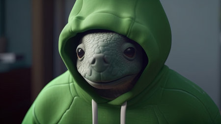 turtle wearing green hoodie, digital art illustration, Generative AIの素材