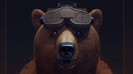 brown bear wearing virtual reality headset, digital art illustration, Generative AIの素材
