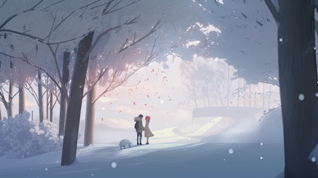 couple embraces in a snow, digital art illustration, Generative AIの素材