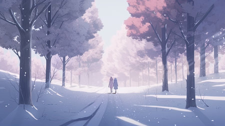 couple embraces in a snow, digital art illustration, Generative AIの素材