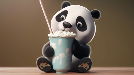 cute panda boba milk tea, digital art illustration, Generative AIの素材